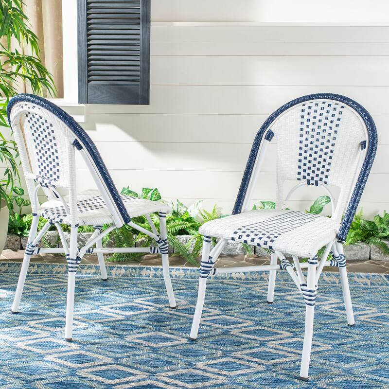 SAFAVIEH Outdoor Kiarra Chair - Navy / White (Set of 2) - 18Wx22Dx35H