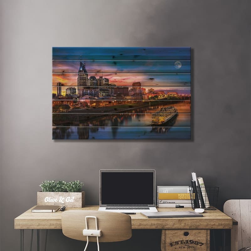 Moon Over Nashville Print On Wood by Jonathan Ross Photography - Multi-Color