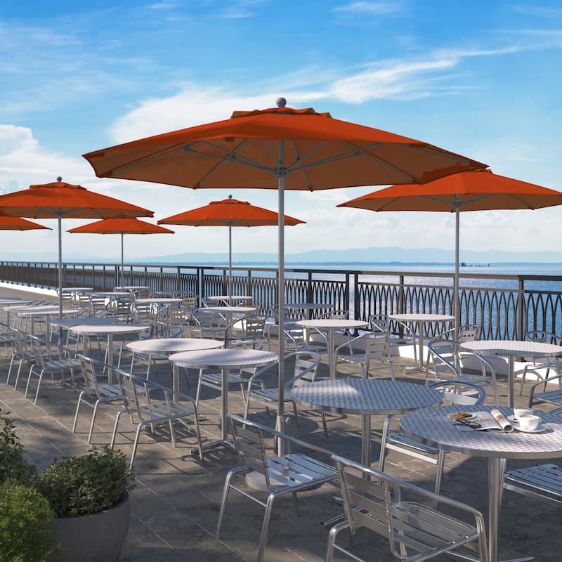 California Umbrella 9' Rd. Aluminum Frame, Fiberglass Rib Patio Umbrella, Push Open,Anodized Silver Finish, Sunbrella Fabric - Jockey Red