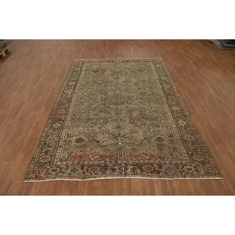 Hand Knotted Oriental 100% Wool Carpet Traditional Geometric Brown Heriz Area Rug - 10' 7'' X 7' 2''