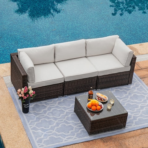 COSIEST 4-Pieces Outdoor Wicker Furniture 3-Seater Sofa Set with Coffee Table