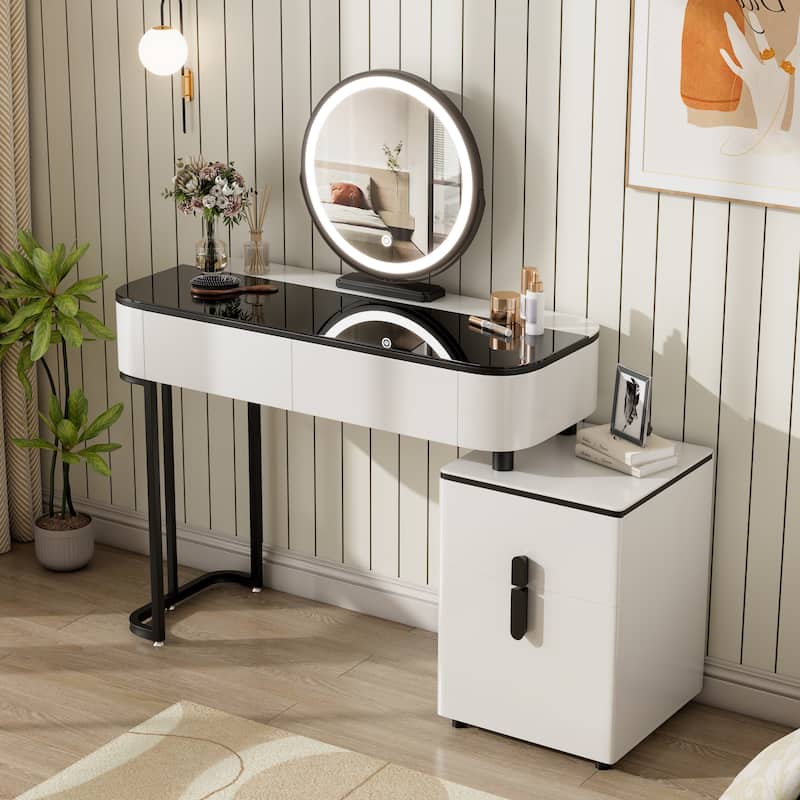 Modern Vanity Table with Tempered Glass Top, Adjustable Height Legs, Multi-functional Storage Cabinet and Round Mirror - White