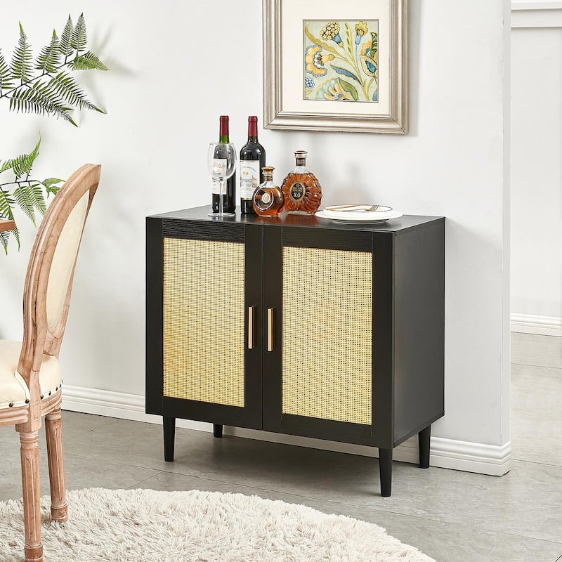 Anmytek Modern Black Rattan Buffet Cabinet Sideboard Kitchen Storage Credenza with Gold Handles