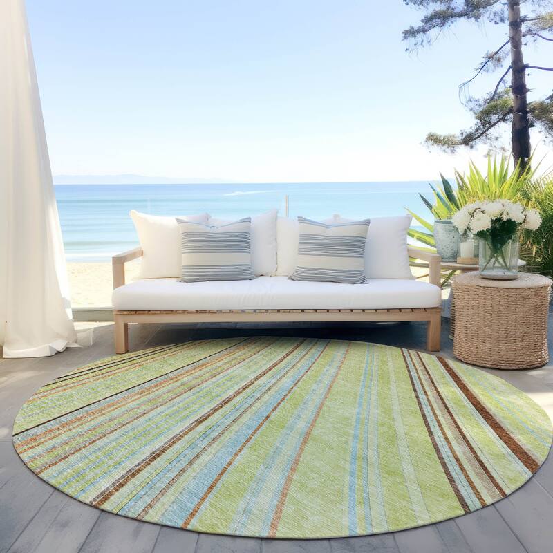 Machine Washable Indoor/ Outdoor Stripe Wave Chantille Rug - Aloe - 8' x 8'