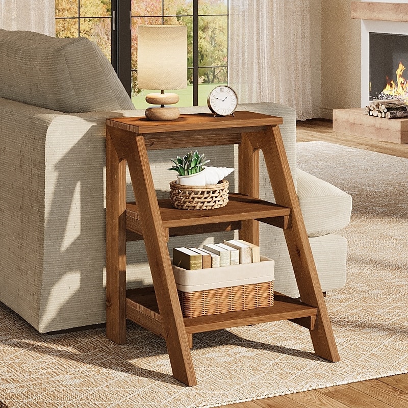 Solid Wood End Table with Storage Shelves, 3-Tier Ladder Shape Side Table