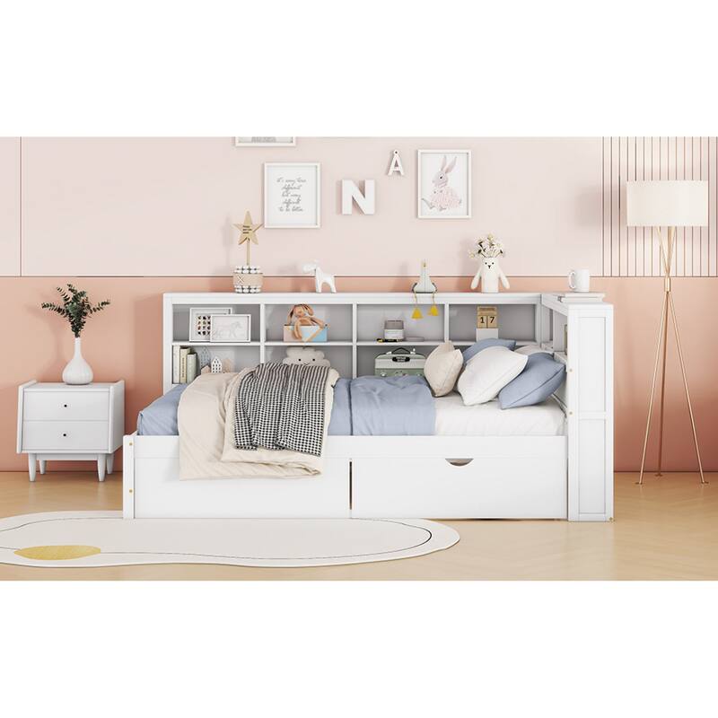 Roomfitters Wooden Daybed with Underbed Storage, Built-In Shelf & USB Charging Ports