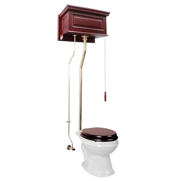 Cherry High Tank Pull Chain Toilet with White Elongated Bowl Brass Rear Entry