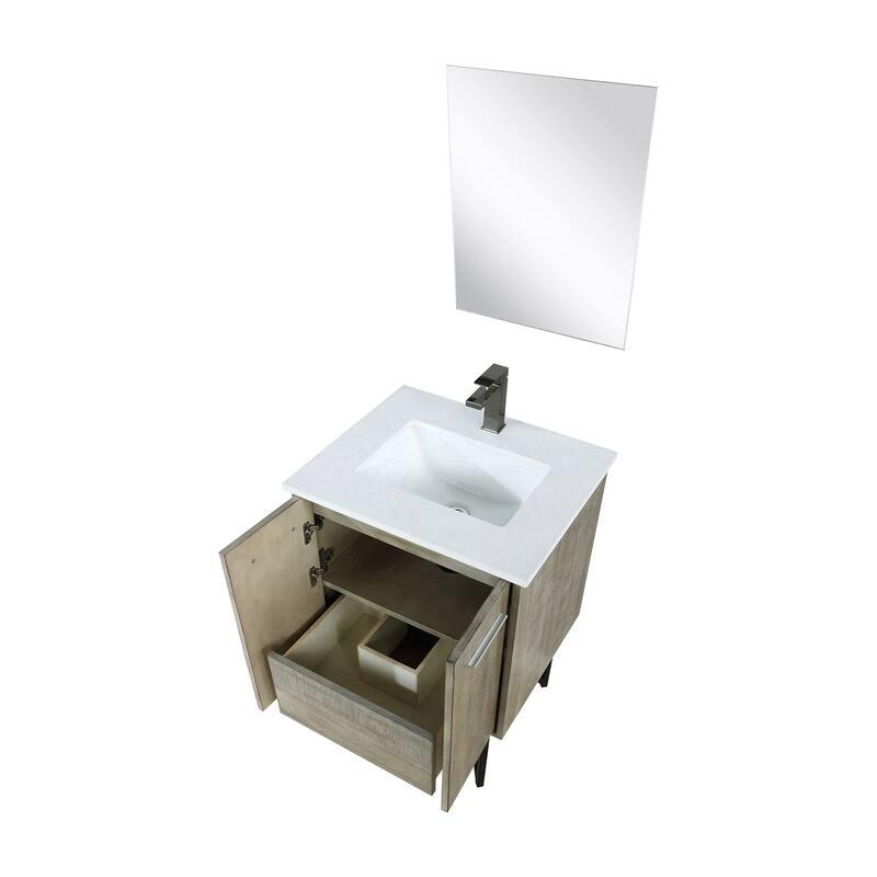 24 in. Rustic Acacia Bath Vanity with Cultured Marble Top, Rose Gold Labaro Faucet, and 18 in. Mirror, Soft Close Doors