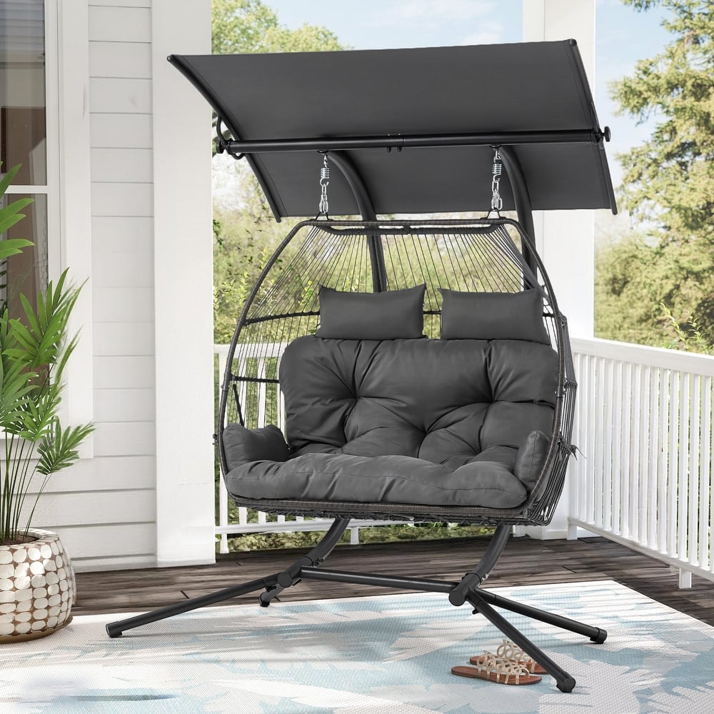 Double Egg Chair with Stand/Adjustable Canopy Patio Hammock Chair Hanging Swing Wicker Rattan Basket for Outdoor Balcony Garden