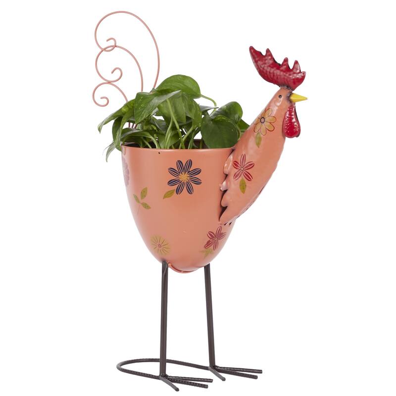 Metal Rooster Indoor Outdoor Planter with Floral Pattern Planter - Pink - Roche River Decor - Pink