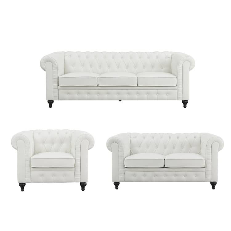 Chesterfield 3 Piece Living Room Sectional Sofa Set with Rolled Arms Button Tufted Cushion Sofa Loveseat for Living Room