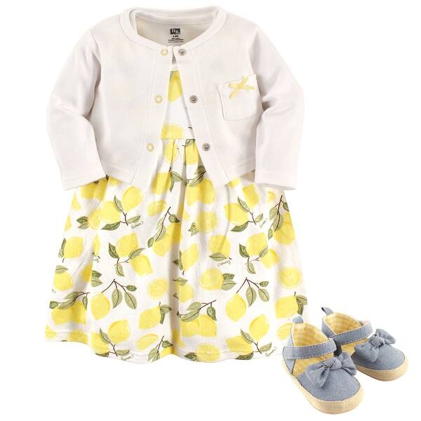 slide 1 of 1, Hudson Baby Infant Girl Cotton Dress, Cardigan and Shoe 3pc Set, Lemon 0-3 Months - Lemon