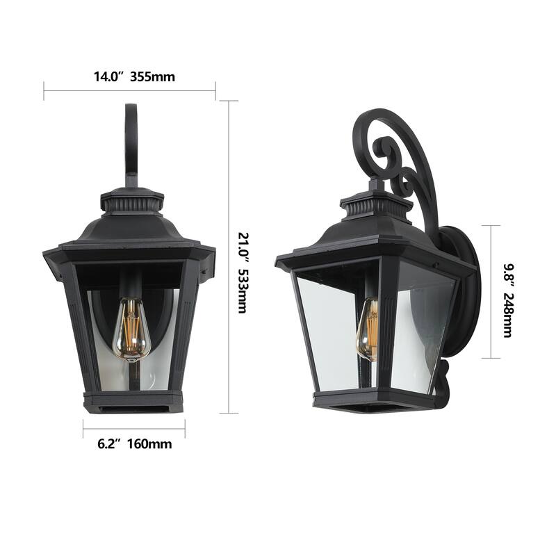 14" Outdoor Wall Lanterns 2-Pack, Black Waterproof Wall Sconce with Clear Glass Panels, Vintage Exterior Light