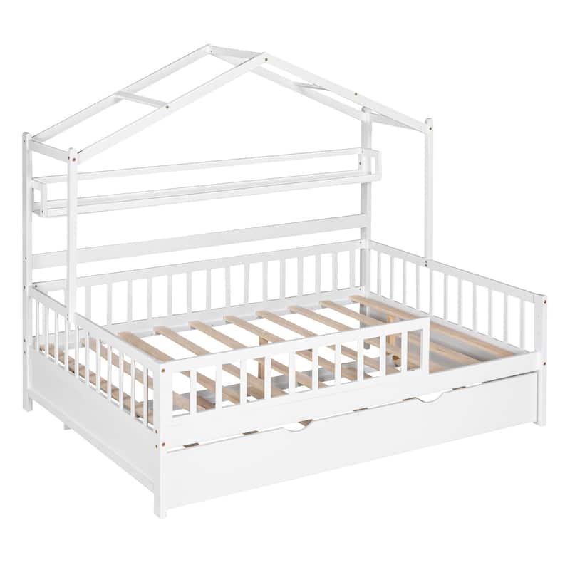 Kids Full House Bed with Twin Trundle and Built-In Storage Shelves, Wooden Bed with Roof Design