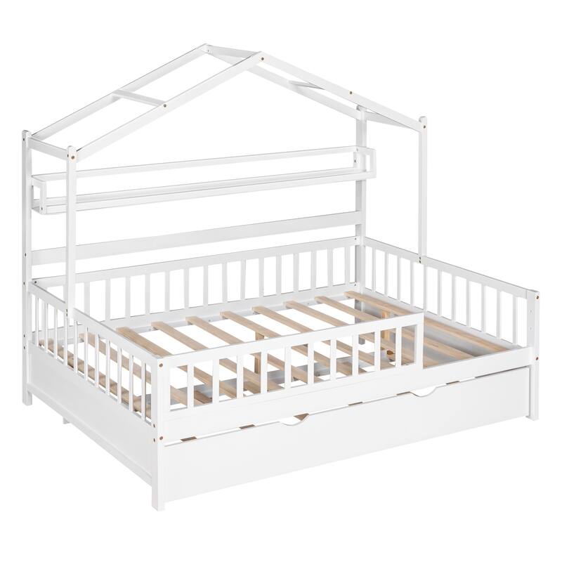Cute Wooden Twin or Full House Bed with Trundle, Kids Bed Wood Platform Bed Frame with Safety Guardrail & Storage Shelf