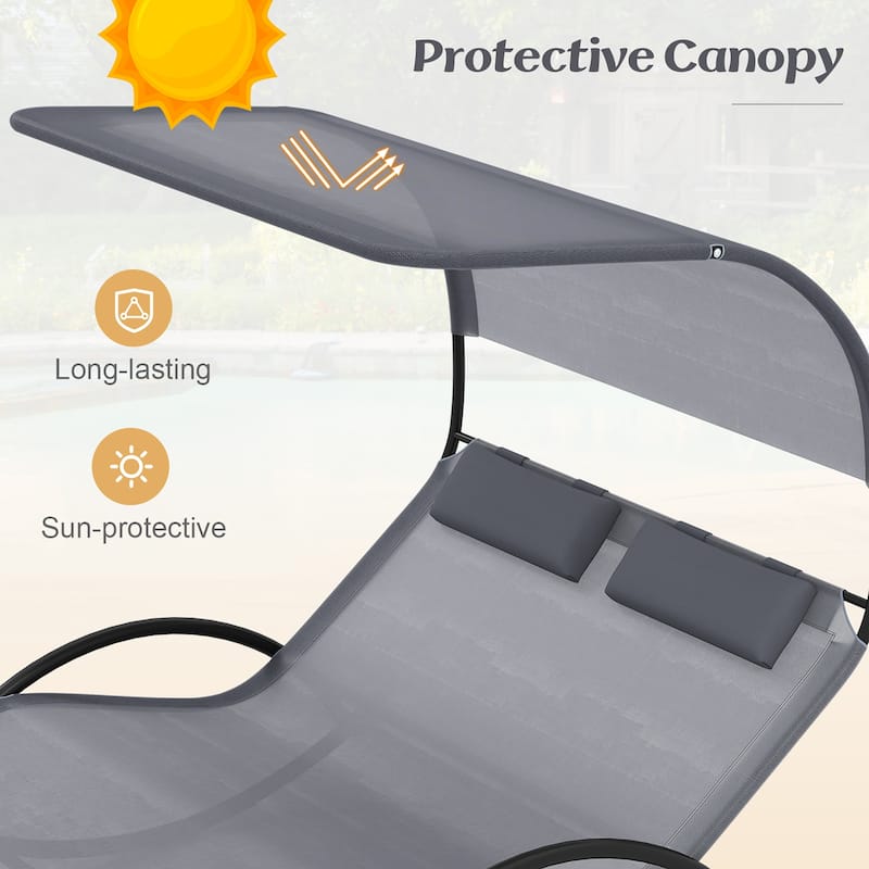 Gymax Outdoor Double Chaise Rocker Rocking Daybed Sun Lounger w/ Sun