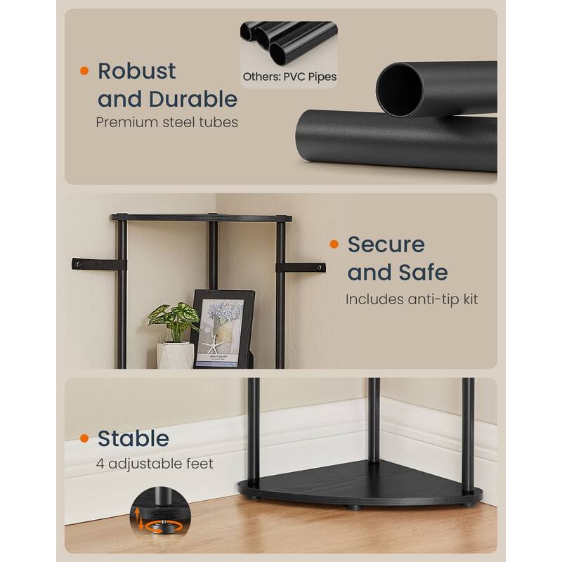 Steel 3-Tier Corner Shelf with Anti-Tip and Tool Free Setup - 15"D x 10.6"W x 27.8"H