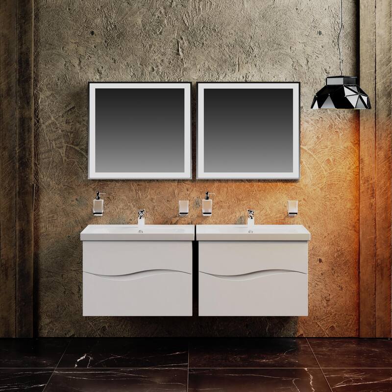 Modern Wall-Mounted Bathroom Vanity with Washbasin Wave White High Gloss Non-Toxic MDF-26"-Simple 40"