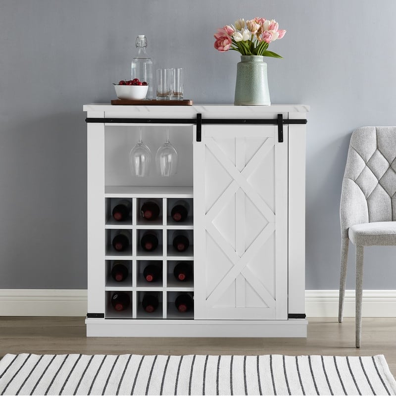 37 in. Barn Door Buffet Bar Cabinet with Wine Rack