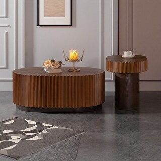 Set of 2 Round Solid Wood Coffee Tables with Fluted Nesting Design ...