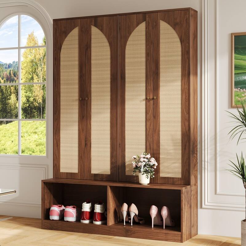 55.1" Wide Farmhouse Hall Tree - 4 Rattan Doors & 6-Hook Entryway Bench - Mid-Century 4-in-1 Shoe Cabinet with Adjustable Shelf - Walnut