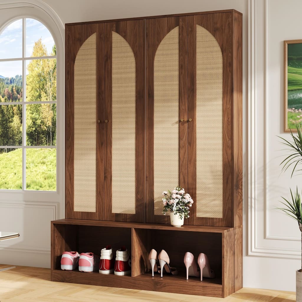 Farmhouse Hall Tree with Rattan Doors, Versatile 4-In-1 Seating Bench with 6 Hooks, Entryway Shoe Cabinet with Shelf