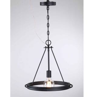 1 Light Wagon Wheel Pendant Light, Black Finish Steel Round Industrial Vintage Style
