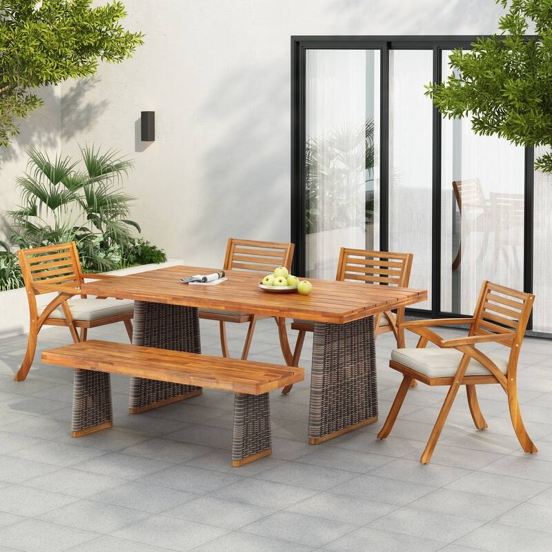 Roomfitters Outdoor 6-Piece Acacia Wood Dining Set with Cushions and Handwoven Rattan Legs, Grey Wicker - Cream,Grey,Teak
