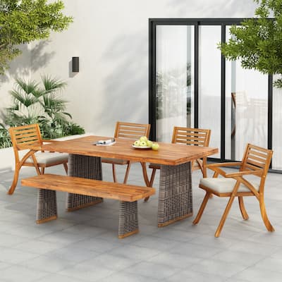 Roomfitters Outdoor 6-Piece Acacia Wood Dining Set with Cushions and Handwoven Rattan Legs, Grey Wicker