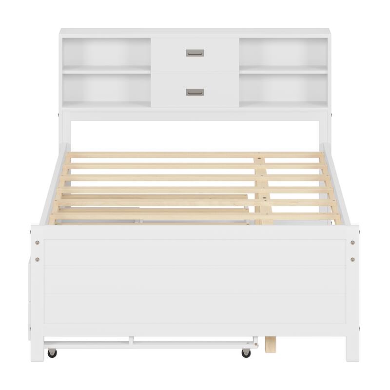 Full/Twin Size Captain Bed with Storage Bookcase Headboard,Captain bed with Trundle and Three Storage Drawer