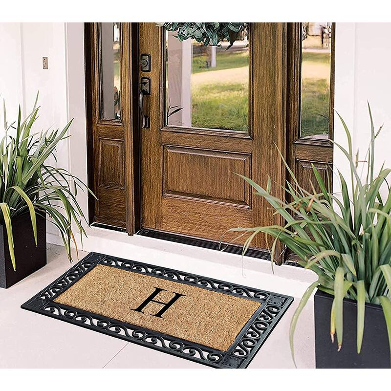 A1HC Rubber and Coir Maple Leaf, Heavy Weight Durable Monogrammed Doormat, 23"X38" Black
