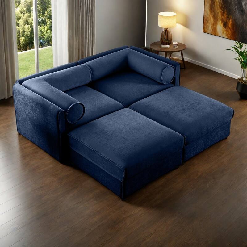 75.5" Chenille Upholstered 2-Seater Sleeper Modular Sectional Sofa with Storage Seat, DIY Combination - Blue