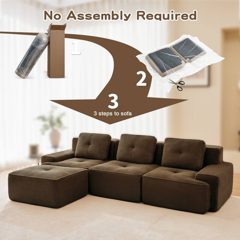 117" Modern L-Shaped Modular Sectional Sofa for Living Room, Corduroy Fabric,3-Seater Couch with Deep Seat and Movable Ottoman