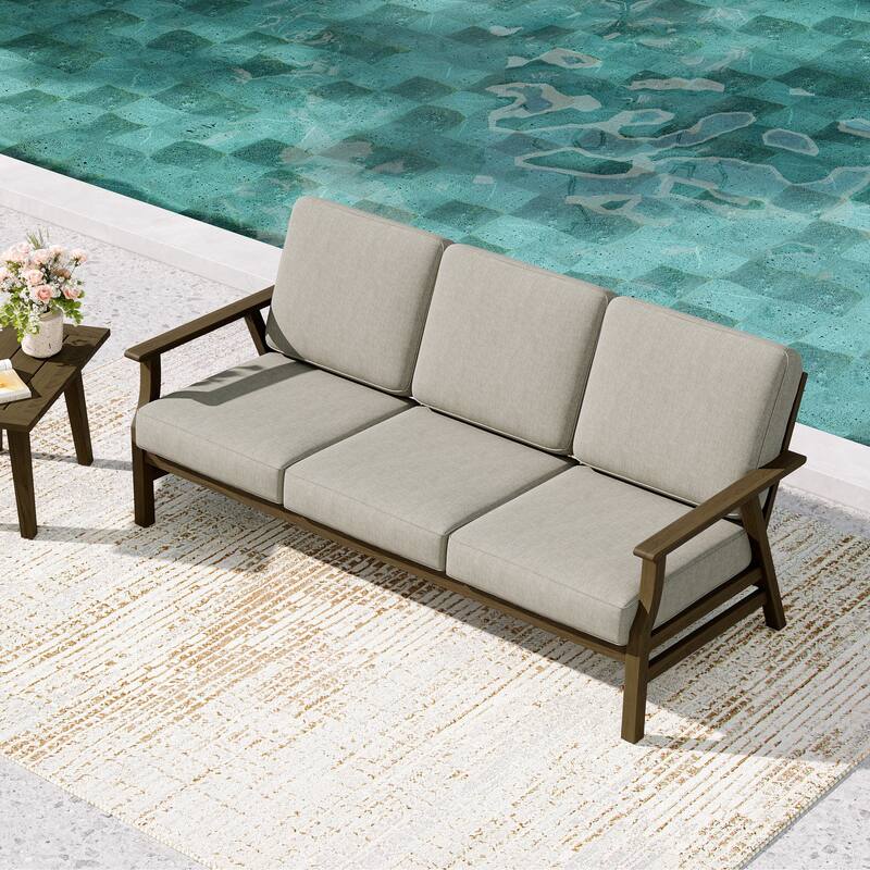 Teak Frame Outdoor Loveseat Daybed with Water-Resistant Cushions. - Light Camel/Daybed - Brown Wood