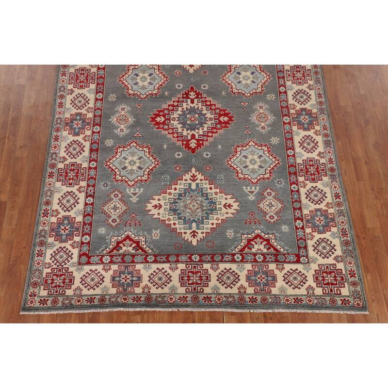 Hand Knotted Oriental 100% Wool Carpet Traditional Geometric Greys & Charcoal Kazak Area Rug - 9' 6'' X 6' 11''