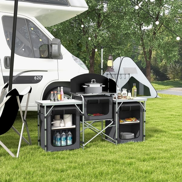 Outsunny 6' Aluminum Portable Fold-Up Camping Kitchen With Windscreen And 5 Enclosed Cupboards