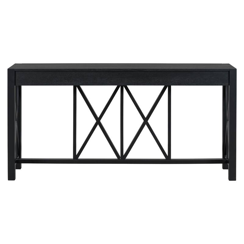 Acacia Veneer Console Table Entryway Table with 4 Drawers and X-Leg, Farmhouse Sofa Table with Open Bottom Storage