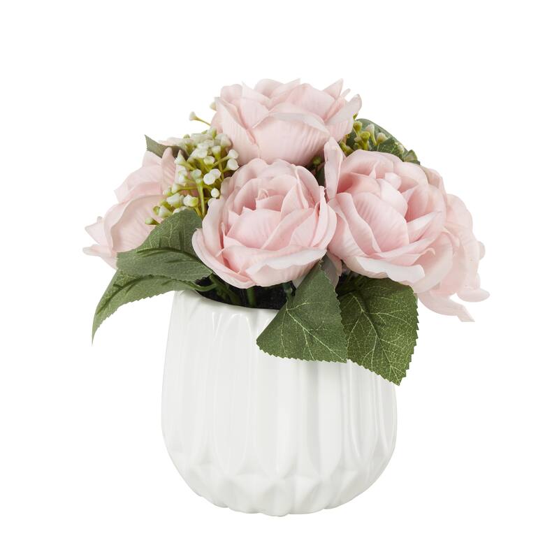 Pink Fabric Artificial Flower with Green Leaves and Round Ceramic Vase