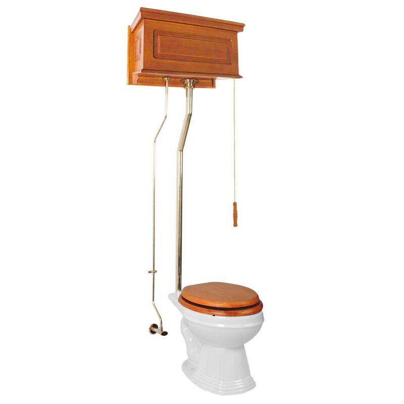 High Tank Toilet - Light Mahogany Raised Tank, Elongated White Bowl and Brass PVD L Pipe Renovators Supply