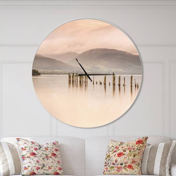slide 2 of 10, Designart 'Loch Lomond Jetty and Mountains' Oversized Coastal Wall CLock