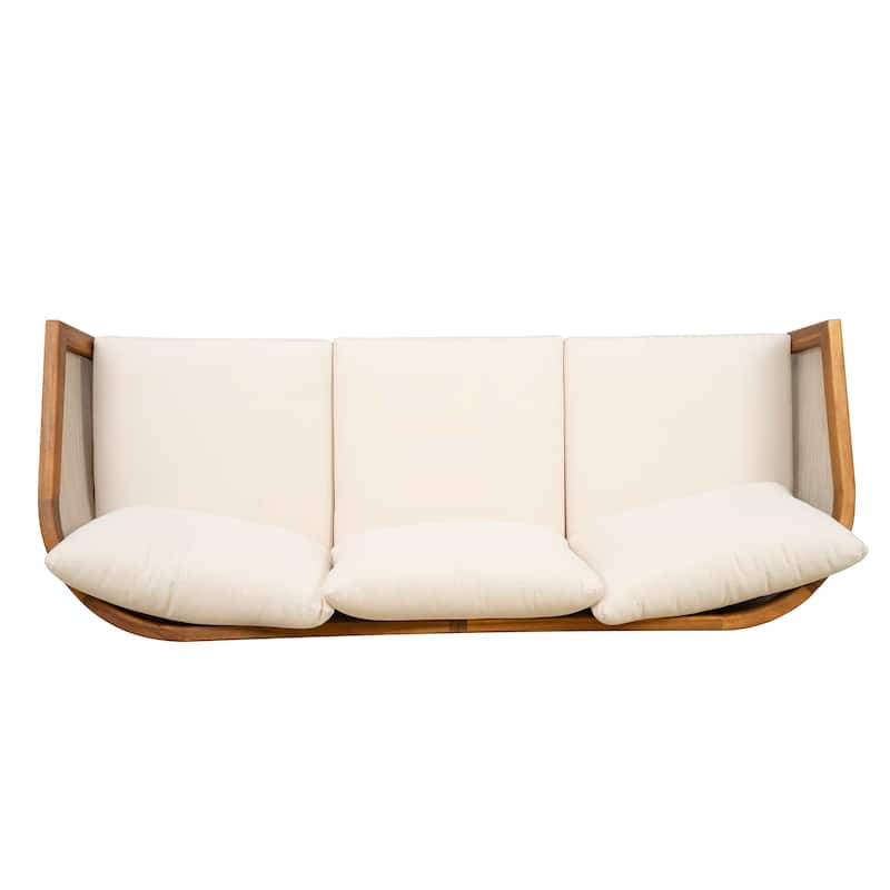 Roomfitters Outdoor Acacia Wood 3 Seater Sofa with Cushions, Patio Lounge Furniture, Beige