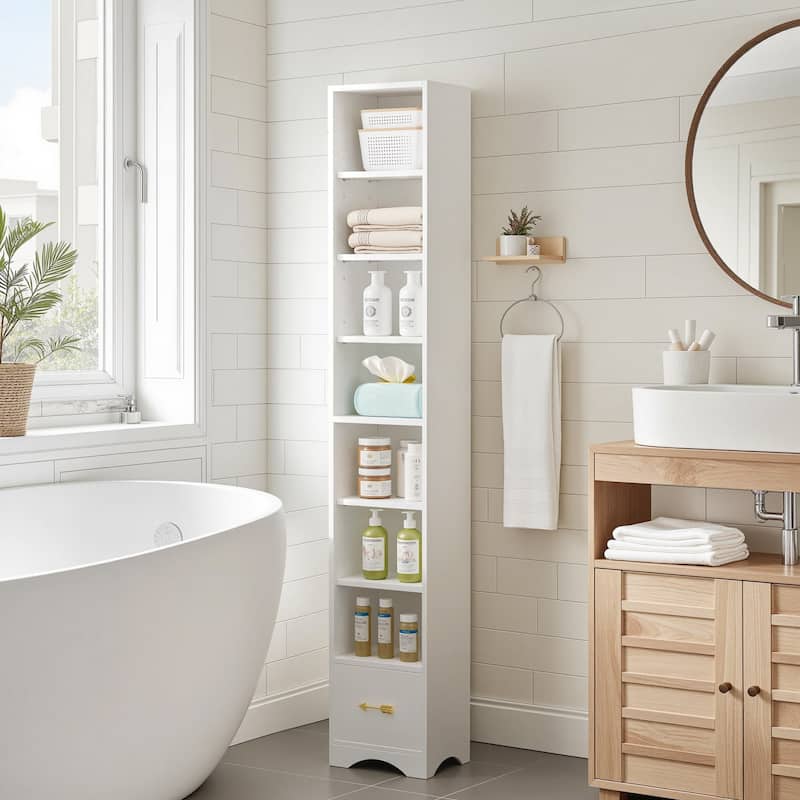 VECELO 70.9 Inches Tall Bathroom Narrow Linen Cabinet, 8 Tiers Solid Wood Freestanding Storage Cabinet - White with Drawer