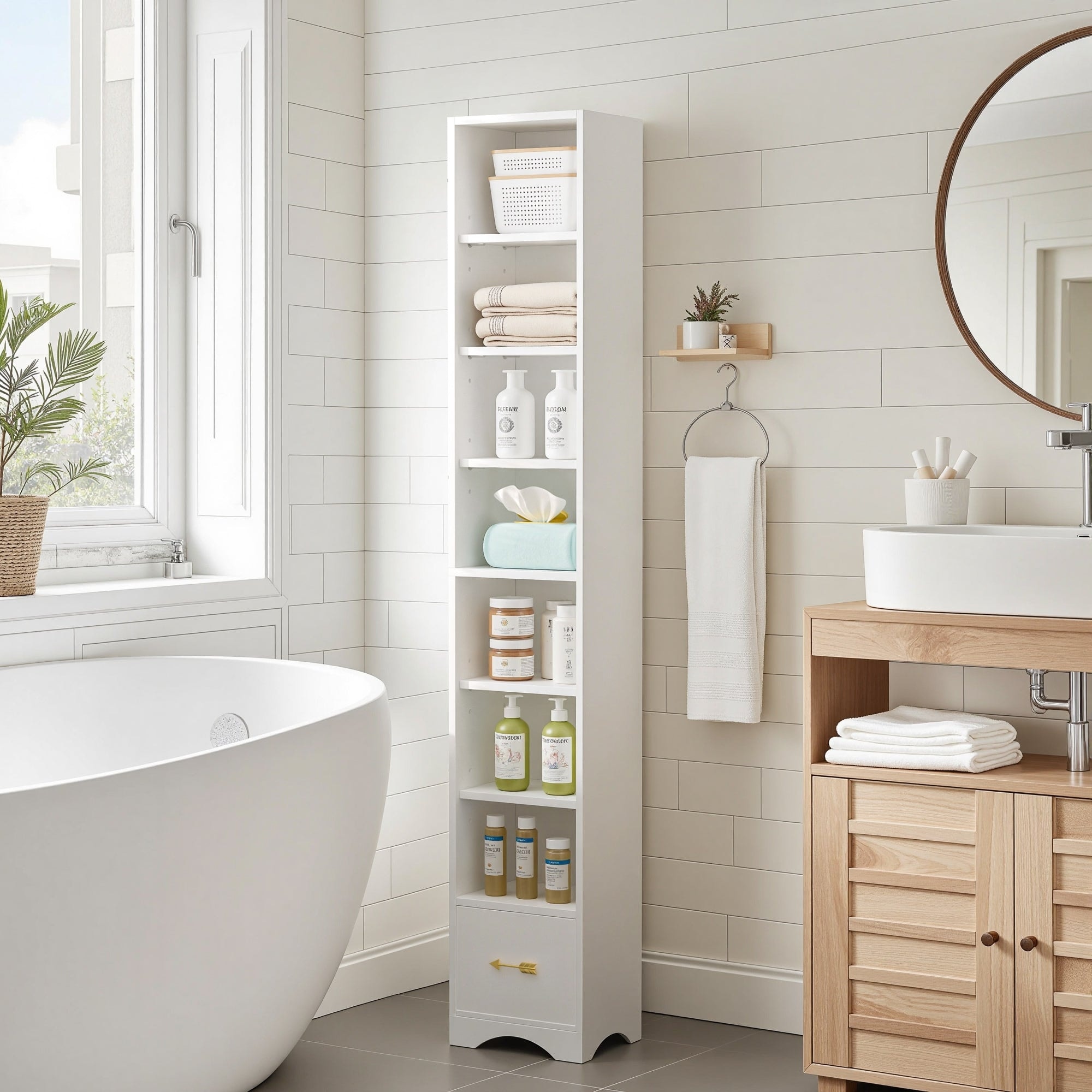 VECELO 70.9 Inches Tall White Bathroom Narrow Linen Cabinet 8 Tiers Solid Wood Freestanding Storage Cabinet