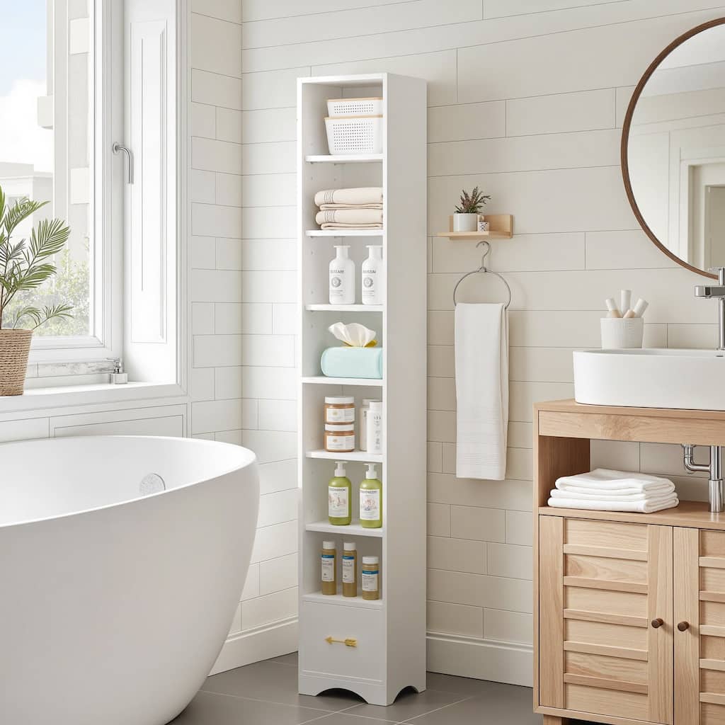 VECELO 70.9 Inches Tall White Bathroom Narrow Linen Cabinet 8 Tiers Solid Wood Freestanding Storage Cabinet