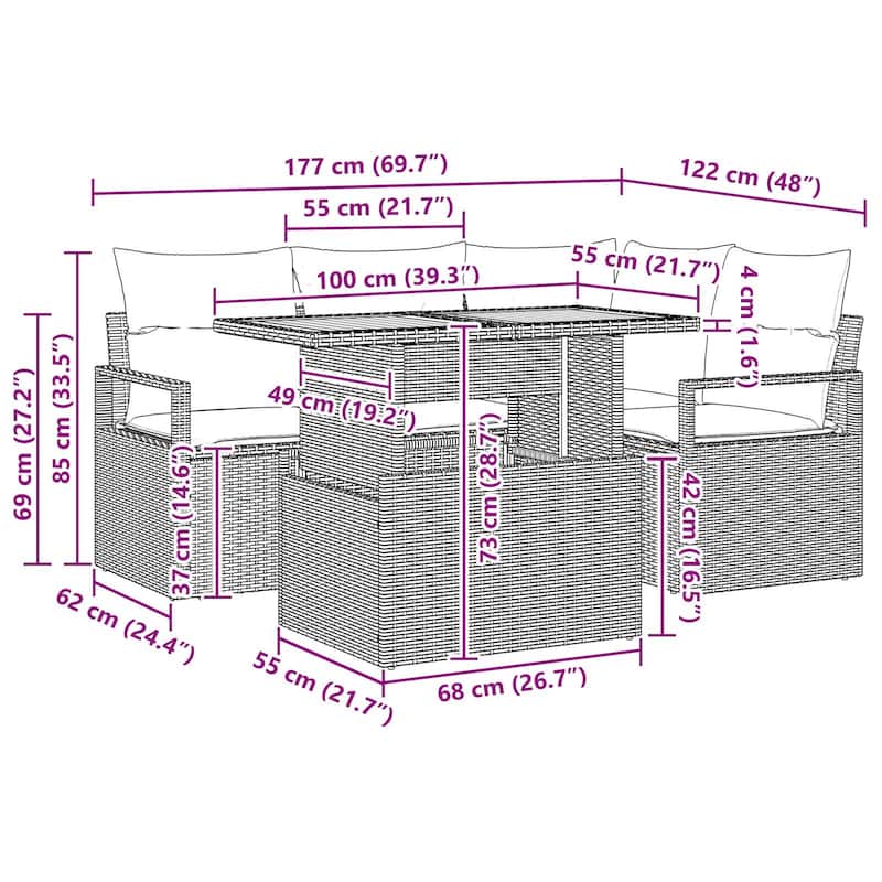 vidaXL 5 Piece Garden Sofa Set with Cushions - 69.7×48×27.2