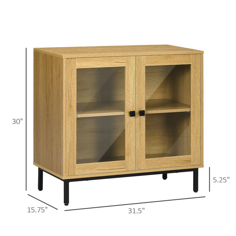 HOMCOM Kitchen Cabinet, Floor Storage Cabinet with Double Glass Doors, Metal Legs, Oak