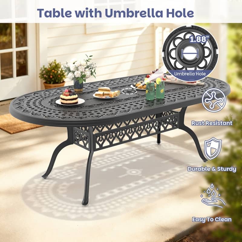 aluminum patio table with umbrella hole 81.89 inch Black Oval Cast Aluminum Patio Table with Umbrella Hole & Retro Design