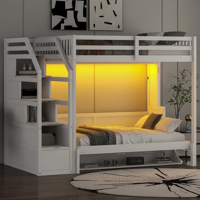 Full XL Size Loft Bed with Full Size Murphy Bed, Versatile Bunk Bed Frame with Storage Staircase and LED Light
