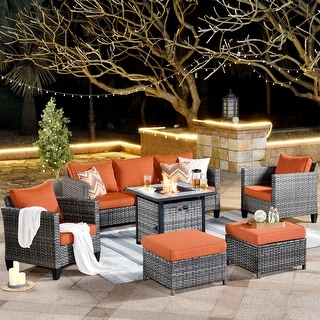 OVIOS 6-piece Outdoor High-back Wicker Sectional Set With Fire Pit