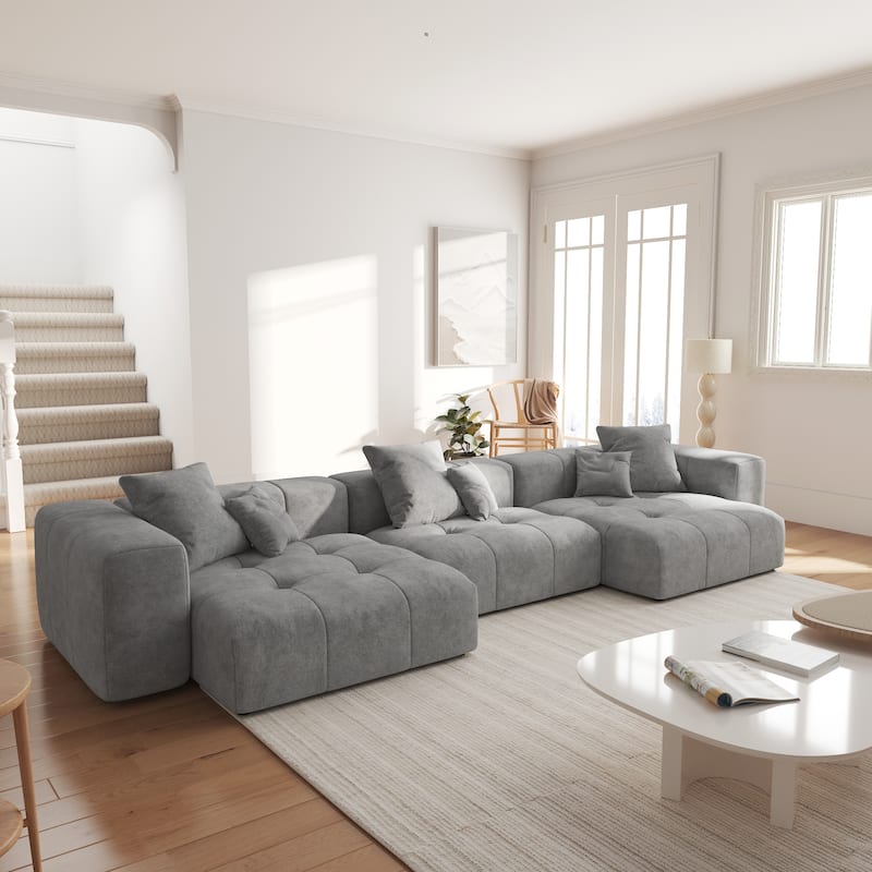 144.17" Linen Modular Sofa Modern Sectional Sofa 3-Seater Couch Lounge Chaise - Grey